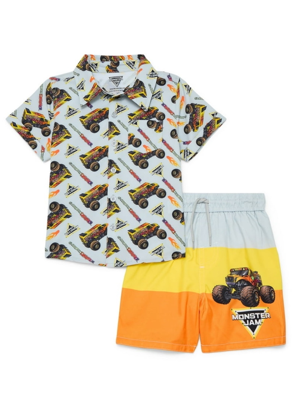 NWT boys monster Jam swimming trunks with matching resort button up size 2t